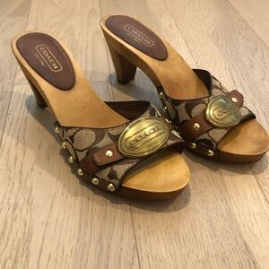 Coach Brown Signature Logo Canvas & Leather Clog Heels with Gold Plaque